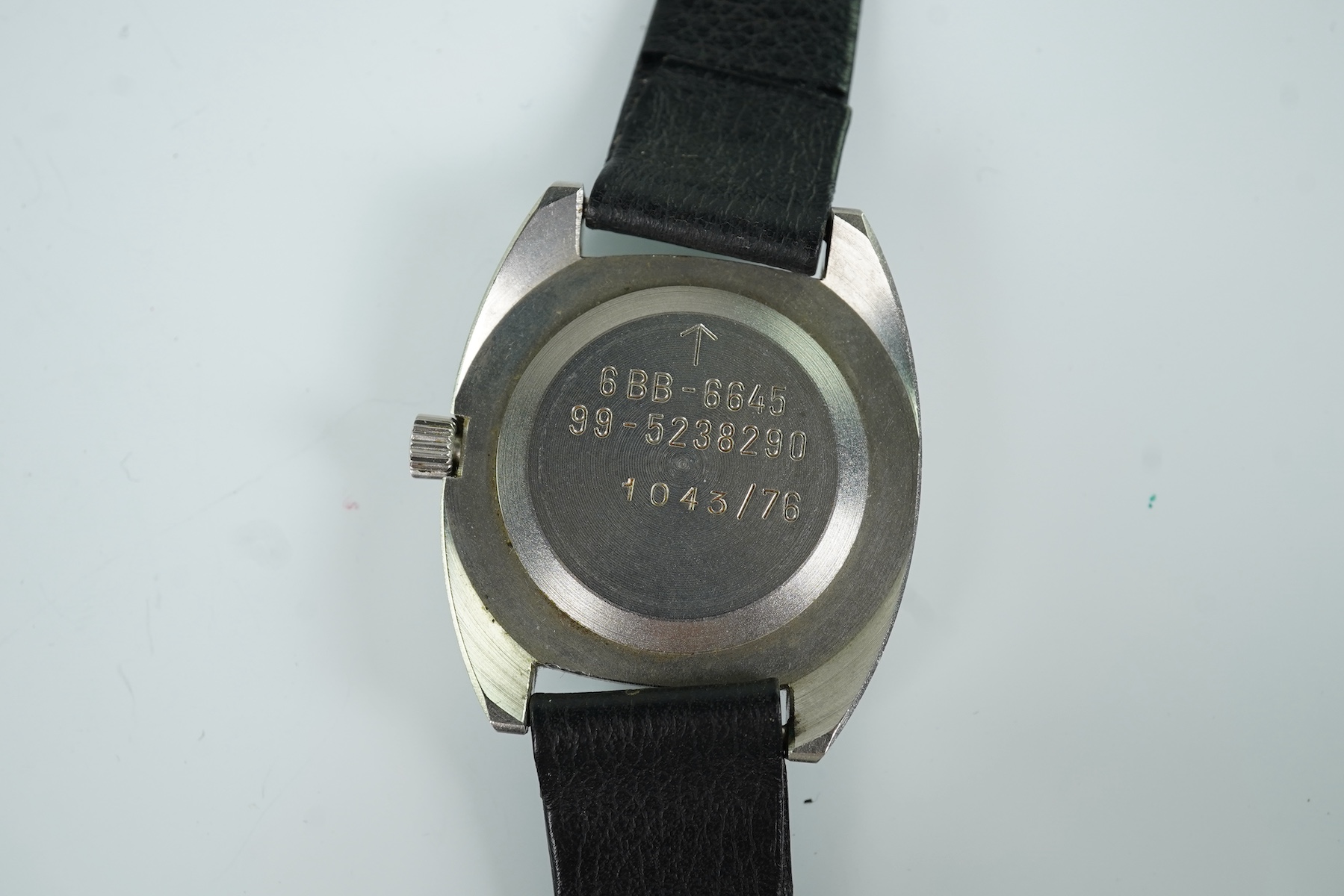 A gentleman's stainless steel tonneau cased R.A.F. 'Lost Navigator' manual wind wrist watch, one of 2000 issued only in 1976